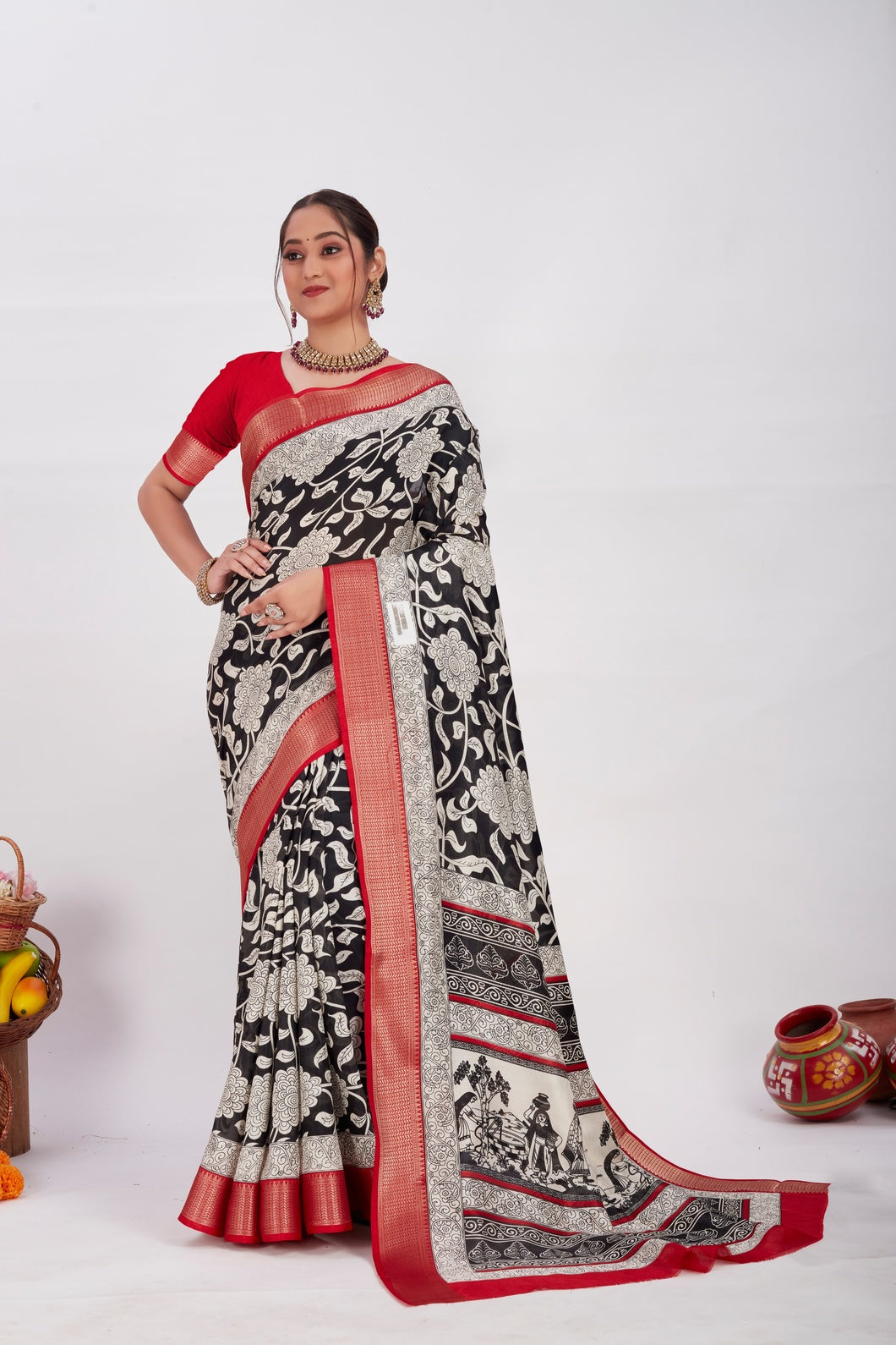 Elegant Semi Tussar Silk Saree with Digital Print & Zari Border – Festive & Party Wear for Women