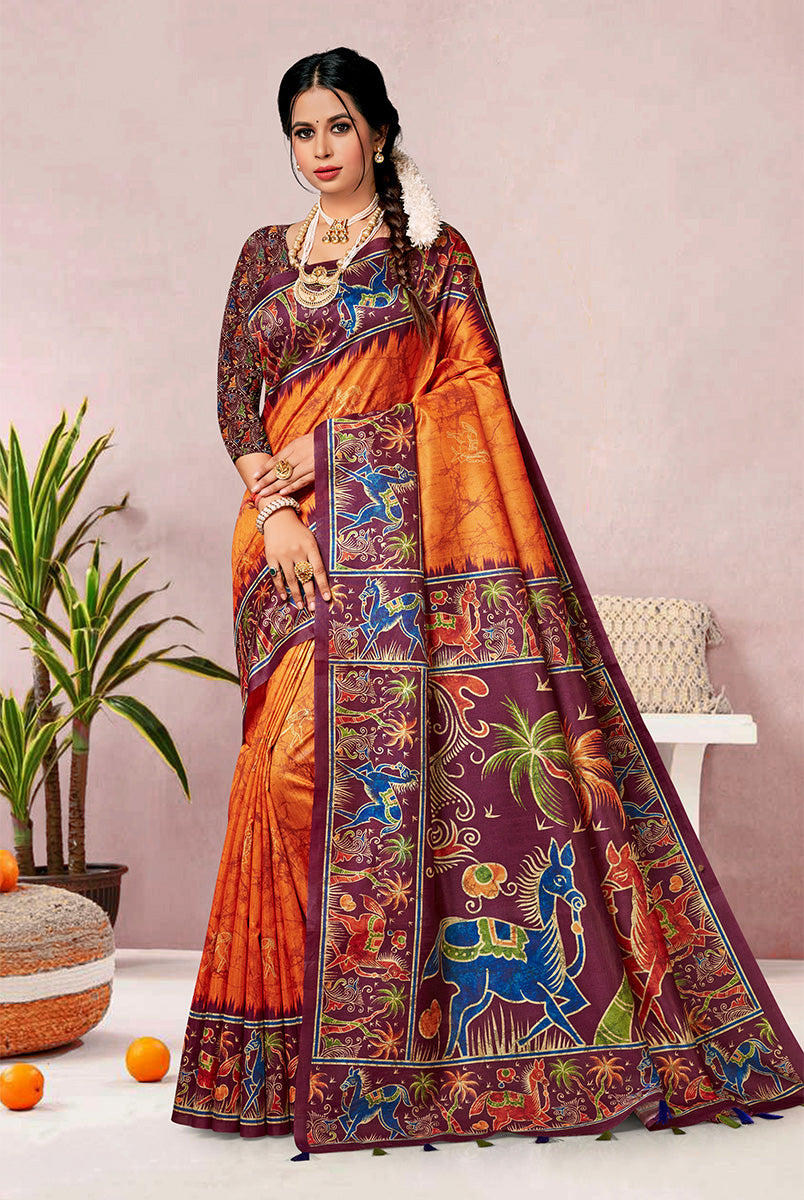 A Tapestry of Warmth: Maroon & Orange Dupian Digital Batik Print Fabric
