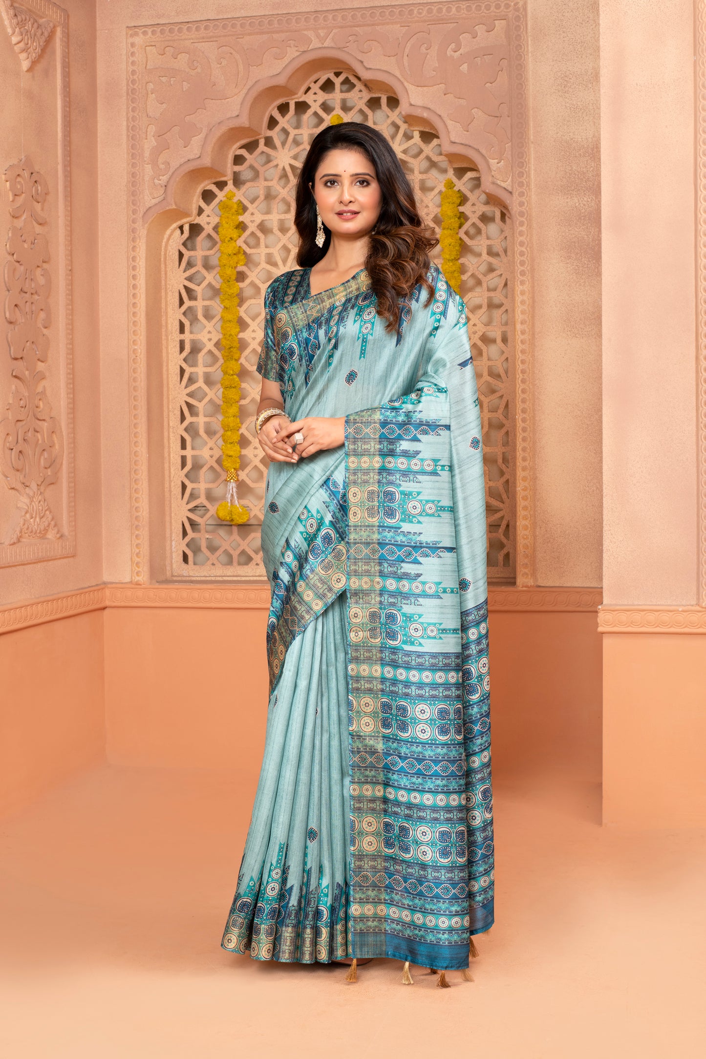 Regal Radiance: Blue Dupian Digital Ajark Print Fabric