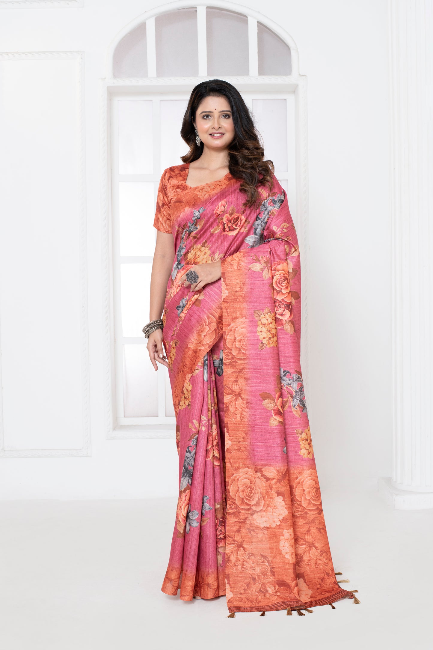 Pink & Mustred Floral Dupian Digital Print Saree