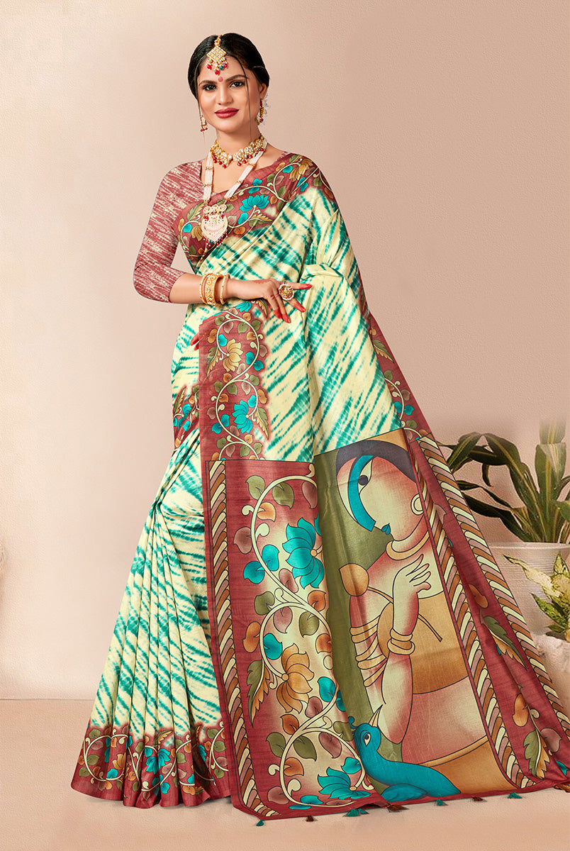 Earthy Serenity: Brown & Sky Blue Dupian Digital Print Saree