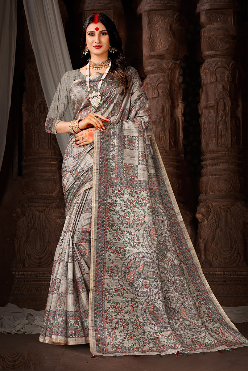 Elegant Charcoal Bloom: Steel Grey Dupian Digital Print Saree