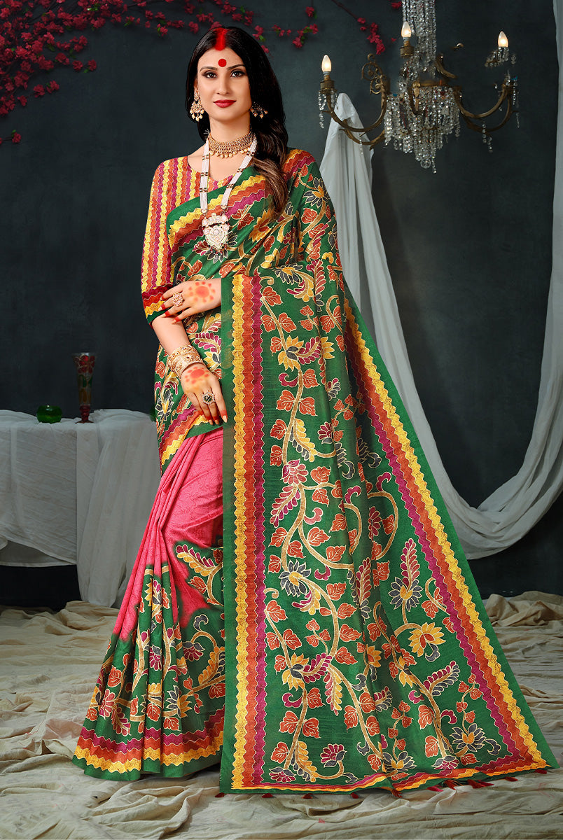 Enchanting Forest: Bottle Green & Pink Dupian Digital Batik Print Saree