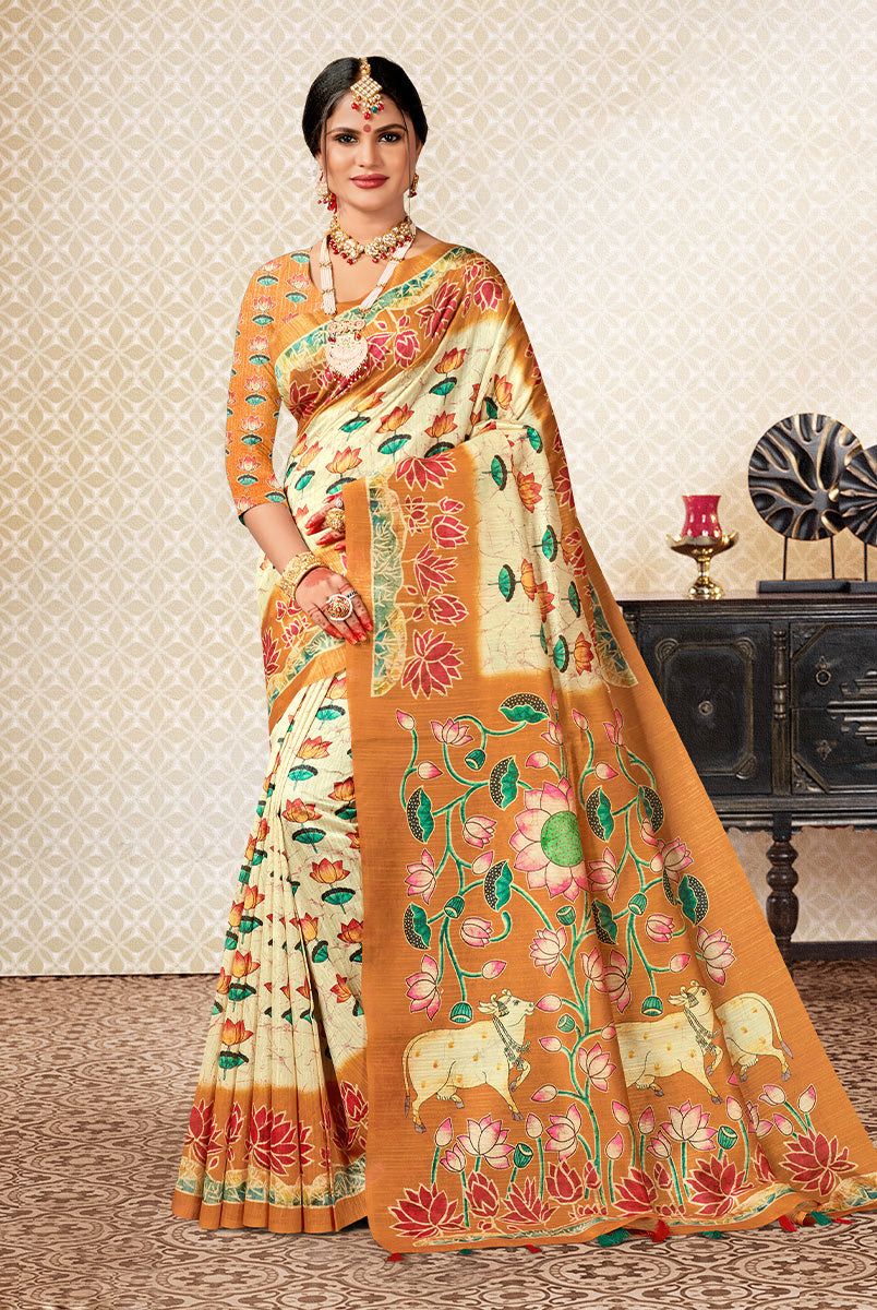 Ethereal Radiance: Copper & Off-White Dupian Digital Batik Print Fabric Saree