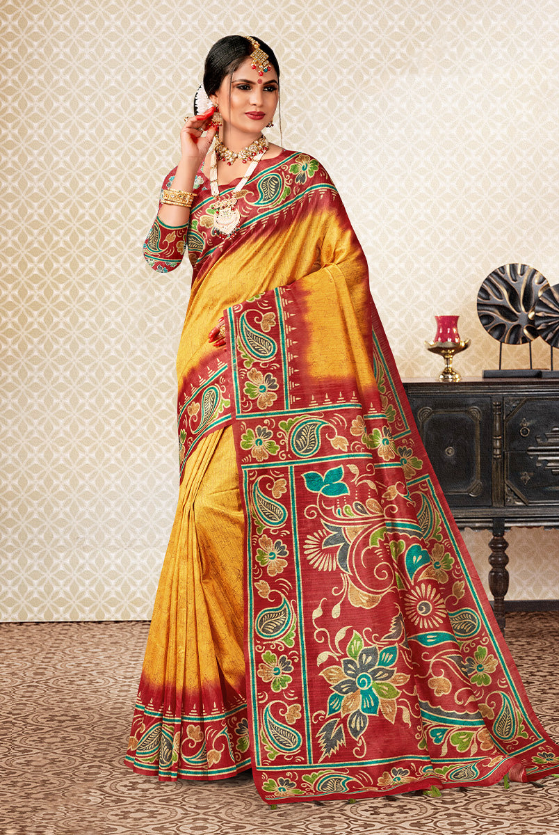 Opulent Elegance: Cherry Red & Gold Dupian Digital Batik Print Fabric Saree