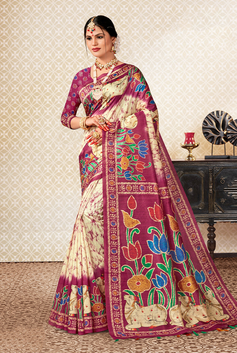 Rosy Elegance: Dark Pink & Off-White Dupian Digital Batik Print Fabric Saree