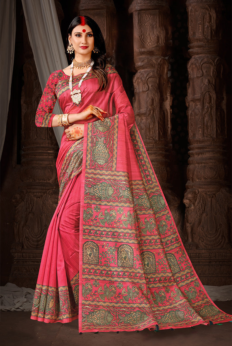 Scarlet Elegance: Red Dupian Digital Print Saree