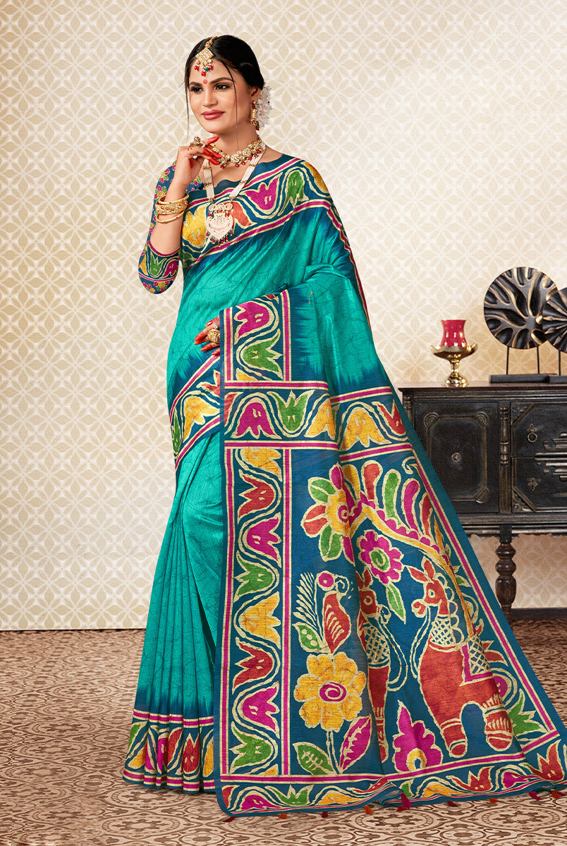 Serene Fusion: Navy Blue & Firozi Dupian Digital Batik Print Fabric Saree
