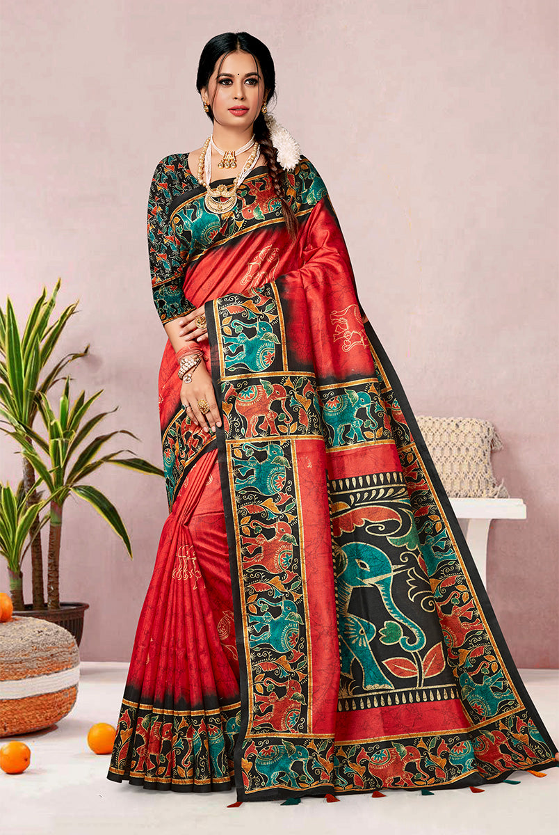 Timeless Elegance: Black & Red Dupian Digital Batik Print Fabric