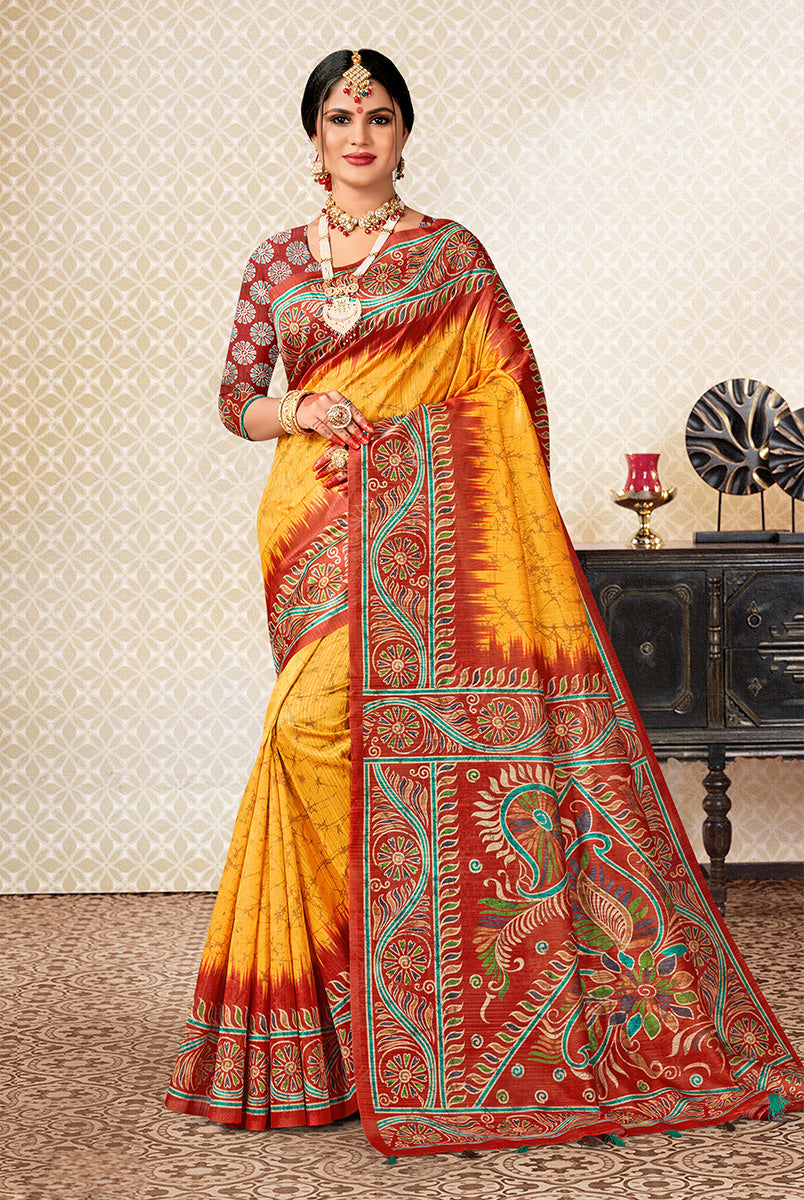 Vibrant Radiance: Red & Yellow Dupian Digital Batik Print Fabric