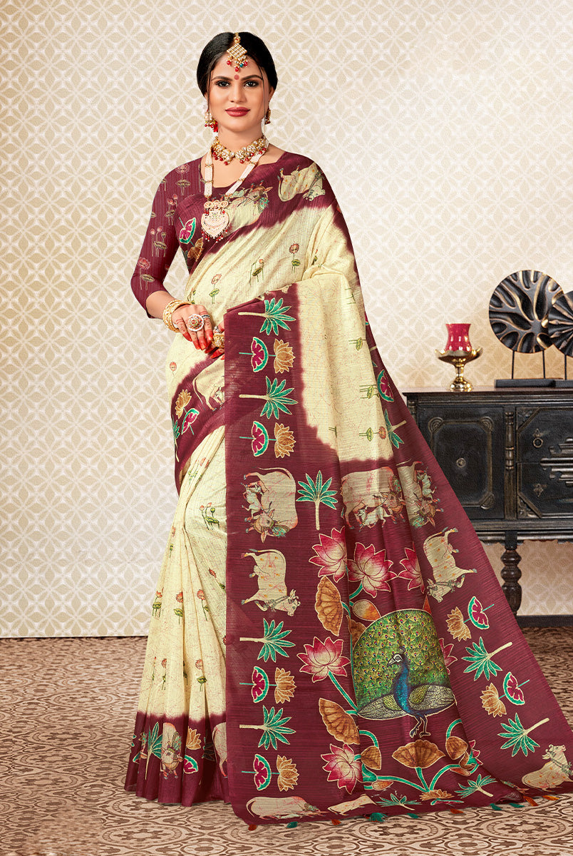 Vintage Opulence: Wine & Off-White Dupian Digital Batik Print Fabric Saree