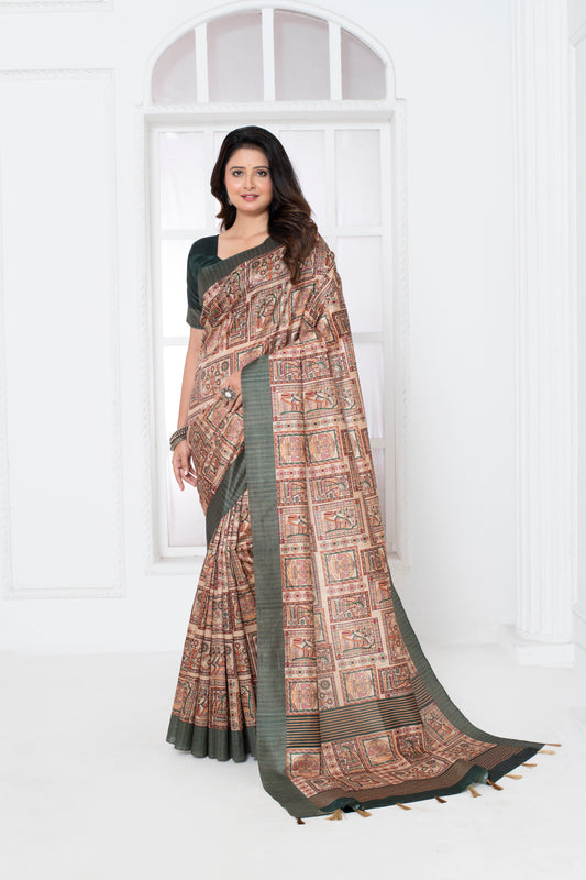 Majestic Hues : Multi Colour Dupian Block Digital Print Fabric Saree