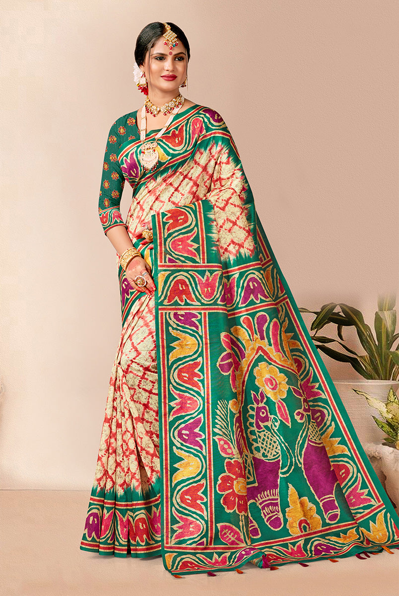 Emerald Elegance: Bottle Green Dupian Digital Print Saree