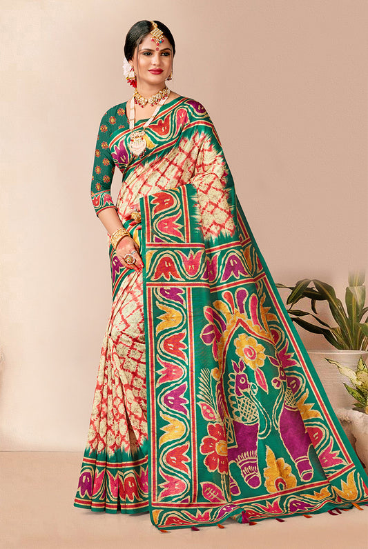 Emerald Elegance: Bottle Green Dupian Digital Print Saree