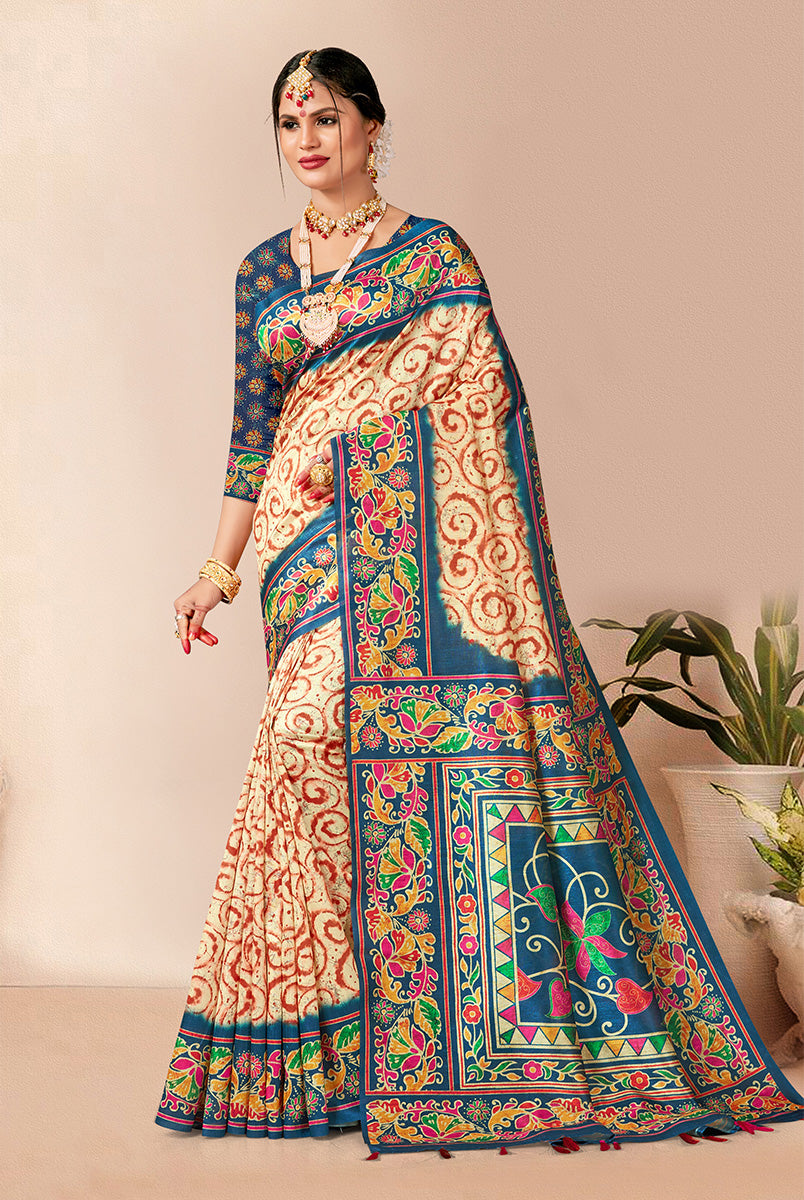 Eternal Elegance: Navy Blue & Tusser Dupian Digital Print Saree