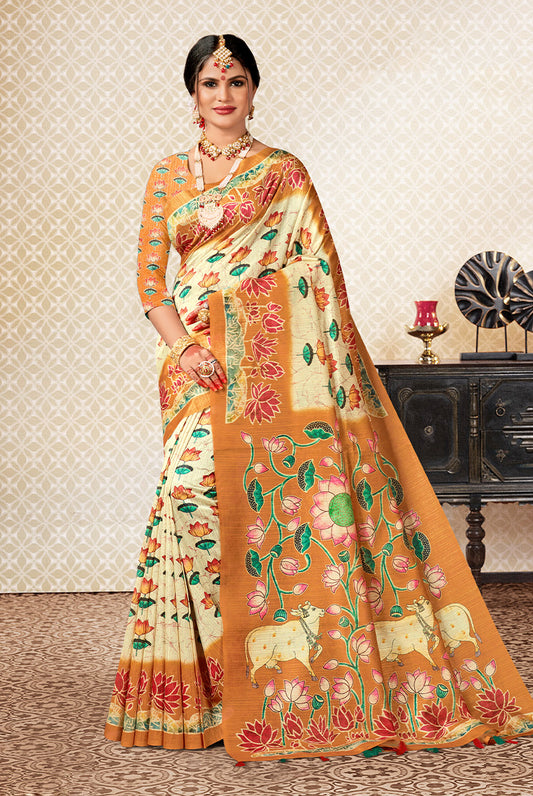 Ethereal Radiance: Copper & Off-White Dupian Digital Batik Print Fabric Saree
