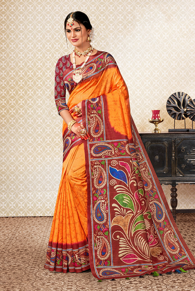 Harmonious Blaze: Maroon & Orange Dupian Digital Batik Print Fabric Saree
