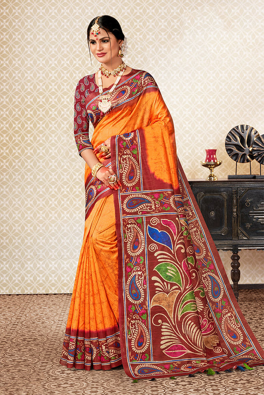 Harmonious Blaze: Maroon & Orange Dupian Digital Batik Print Fabric Saree