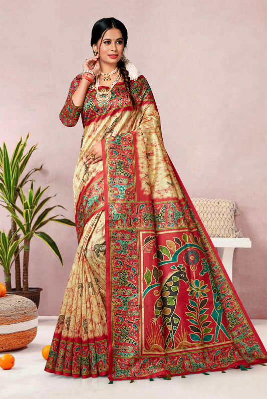 Luxurious Fusion: Red & Tusser Dupian Digital Batik Print Fabric