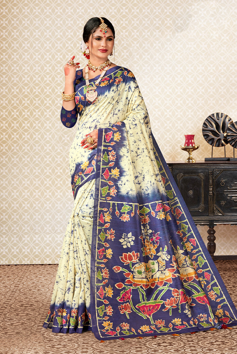Majestic Hues: Purple & Off-White Dupian Digital Batik Print Fabric Saree