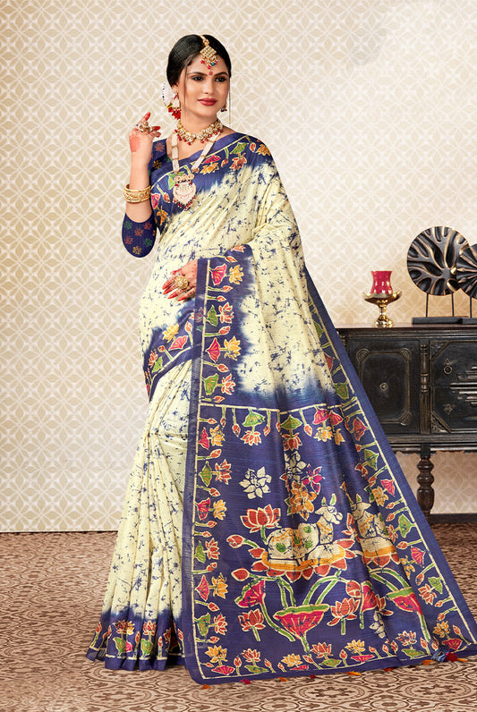 Majestic Hues: Purple & Off-White Dupian Digital Batik Print Fabric Saree
