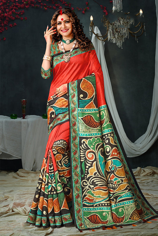 Mystic Noir: Black & Red Dupian Digital Batik Print Saree