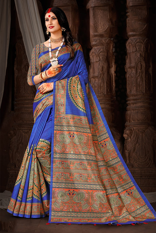 Nautical Elegance: Navy Blue Dupian Digital Print Saree