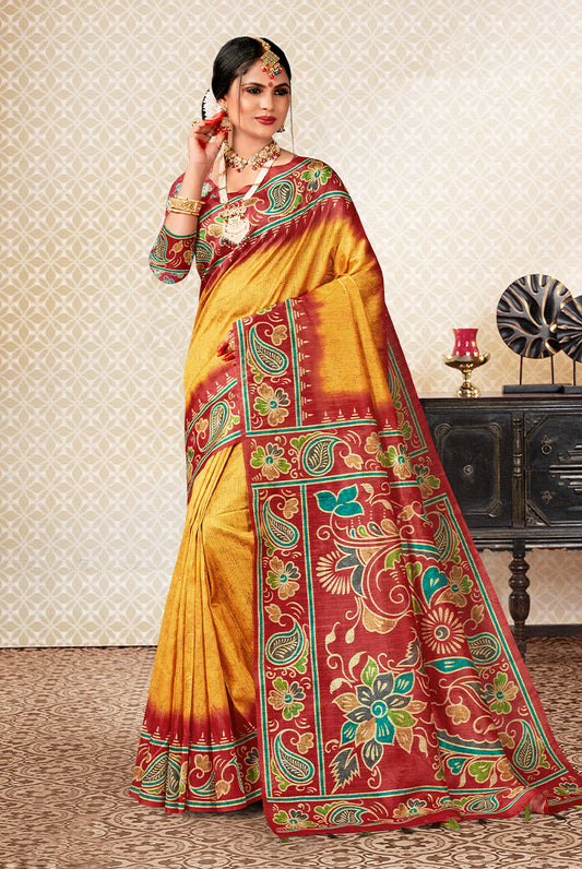 Opulent Elegance: Cherry Red & Gold Dupian Digital Batik Print Fabric Saree