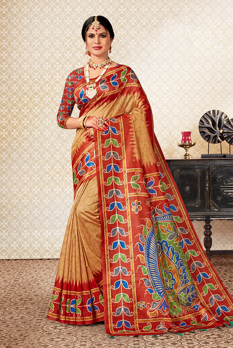 Red & Brown Dupian Digital Batik Print Fabric Saree