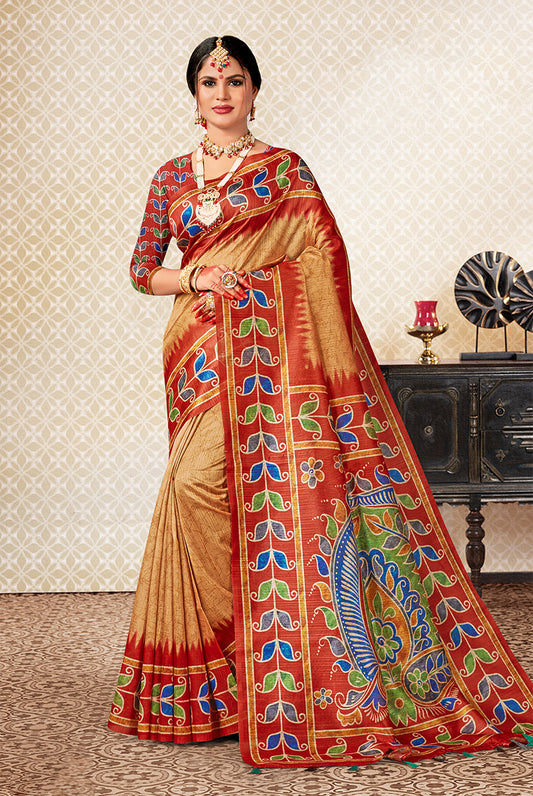 Red & Brown Dupian Digital Batik Print Fabric Saree