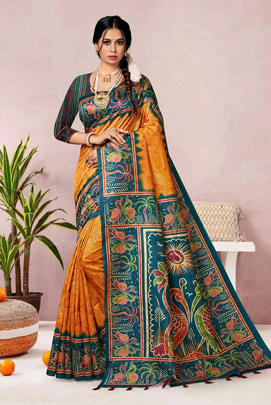 Regal Radiance: Blue & Gold Dupian Digital Batik Print Fabric