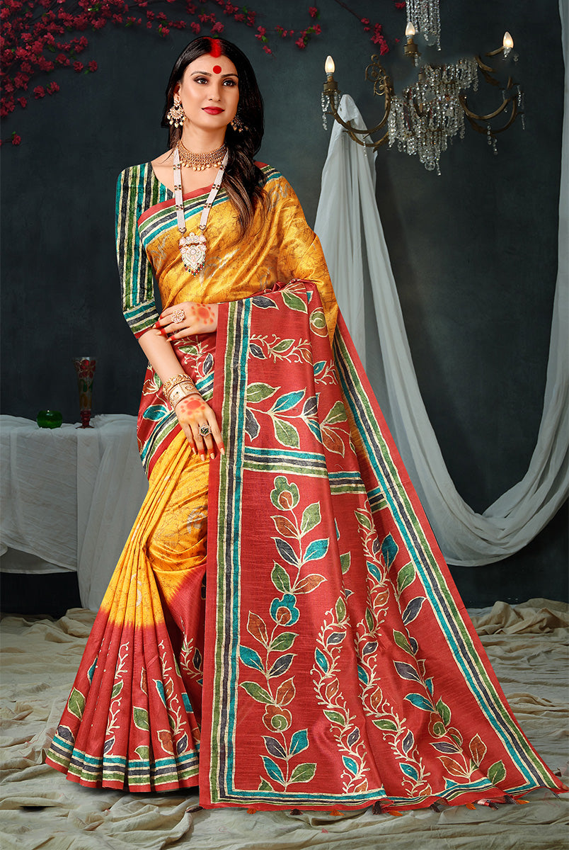 Regal Radiance: Red & Gold Dupian Digital Batik Print Saree
