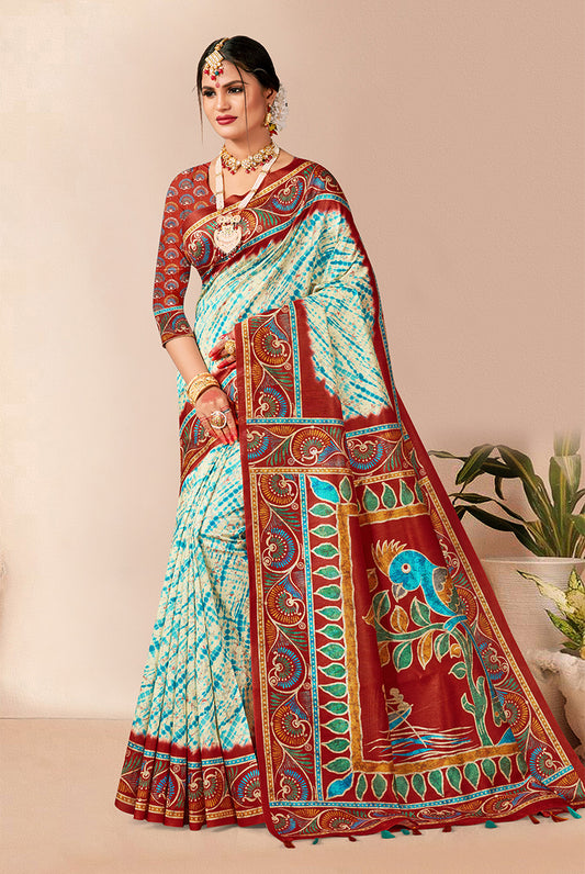 Regal Ruby Beauty: Dark Red Dupian Digital Print Saree
