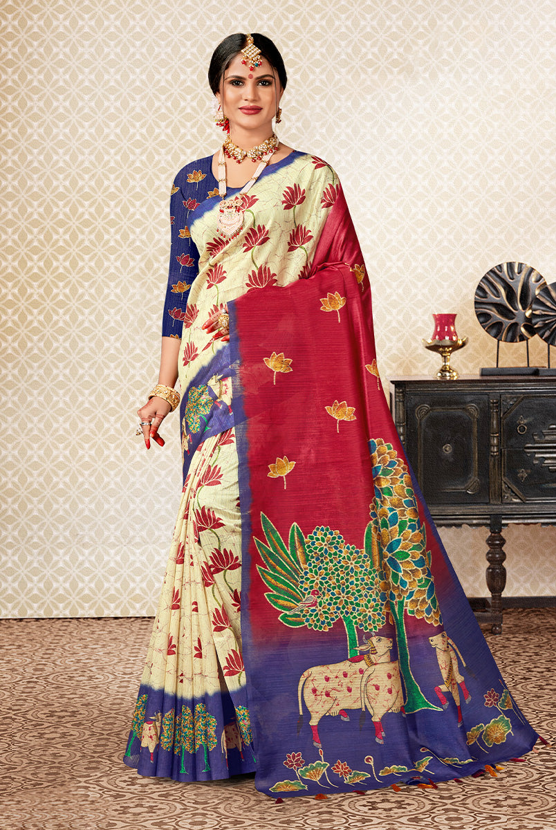 Regal Serenity: Royal Blue & Off-White Dupian Digital Batik Print Fabric Saree