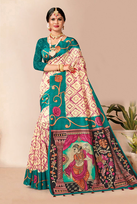 Royal Radiance: Rama Blue Dupian Digital Print Saree