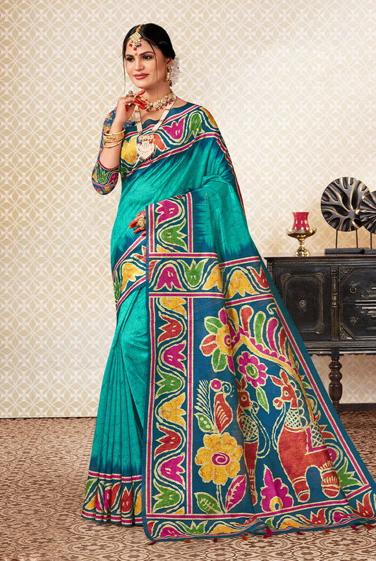 Serene Fusion: Navy Blue & Firozi Dupian Digital Batik Print Fabric Saree