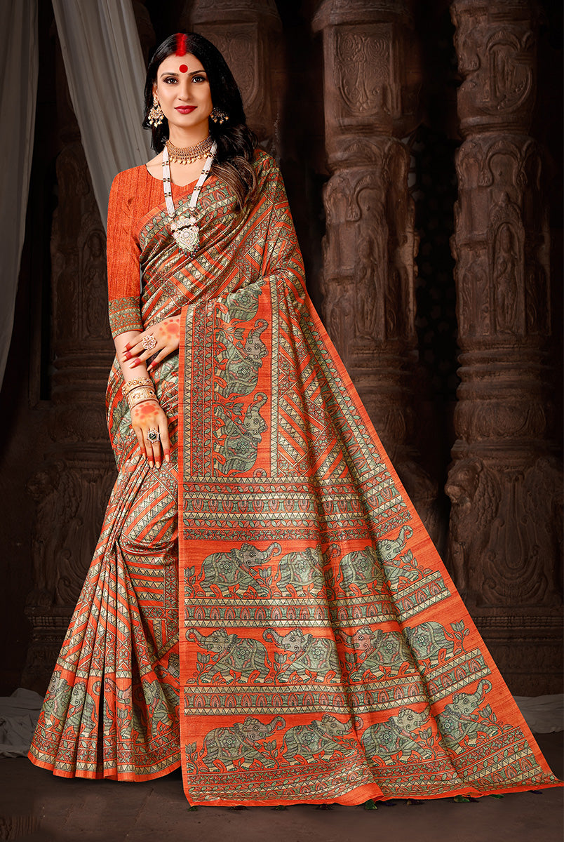 Sunset Radiance: Deep Orange Dupian Digital Print Saree