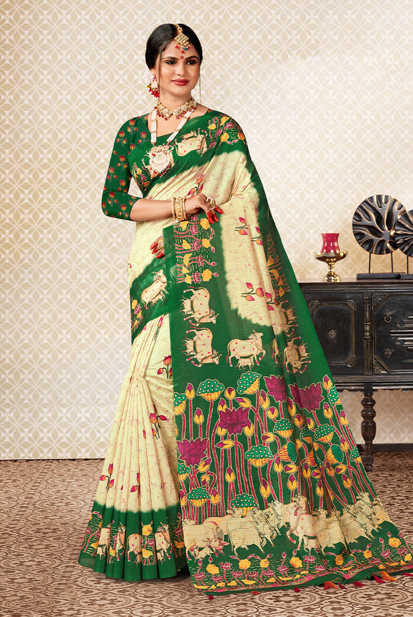 Sylvan Elegance: Bottle Green & Off-White Dupian Digital Batik Print Fabric Saree