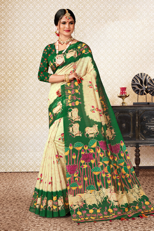 Sylvan Elegance: Bottle Green & Off-White Dupian Digital Batik Print Fabric Saree