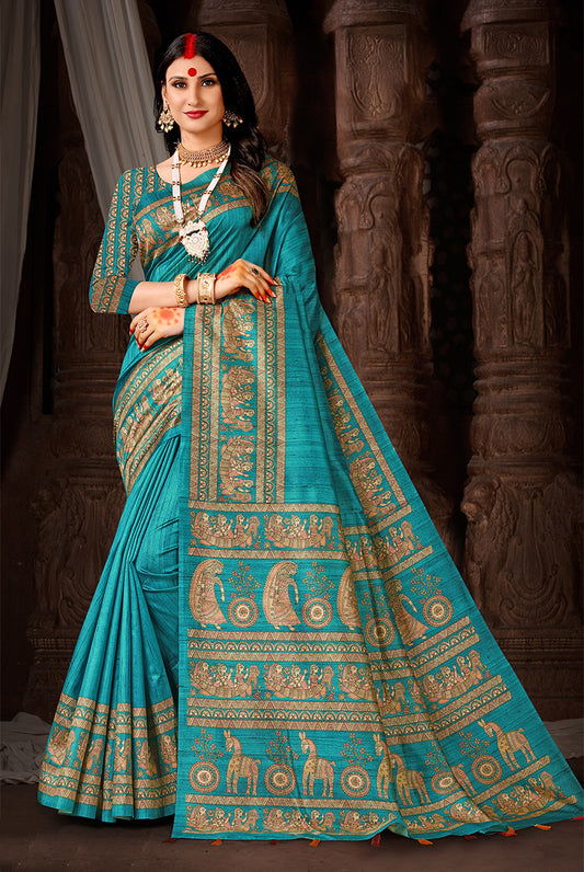 Teal Tranquility: Teal Blue Dupian Digital Print Saree