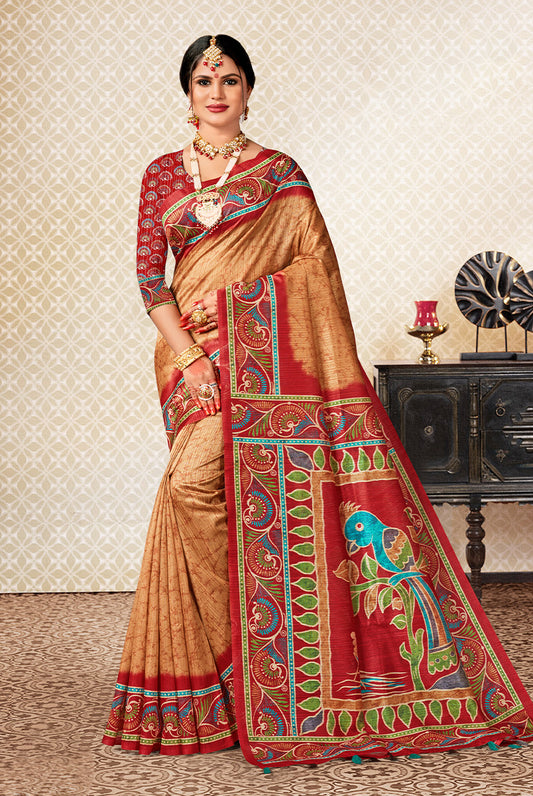 Timeless Harmony: Red & Biscuit Dupian Digital Batik Print Fabric