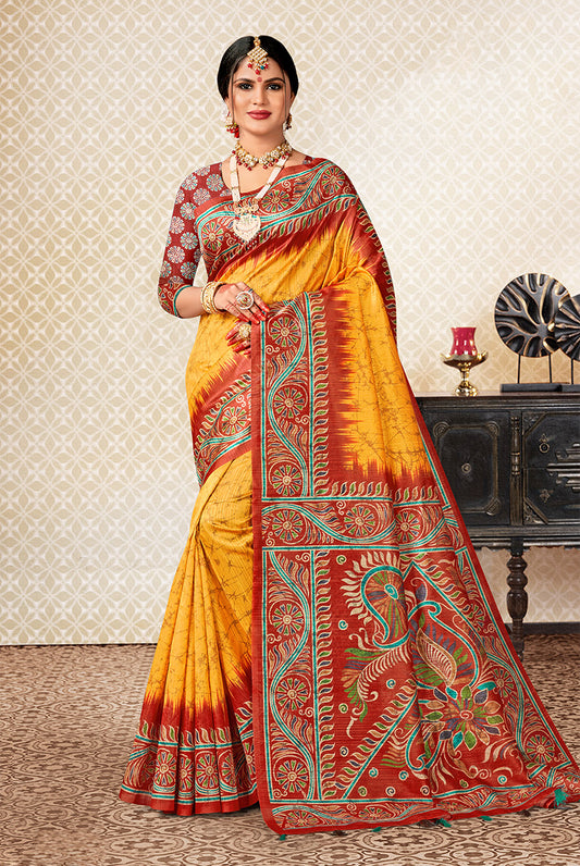 Vibrant Radiance: Red & Yellow Dupian Digital Batik Print Fabric