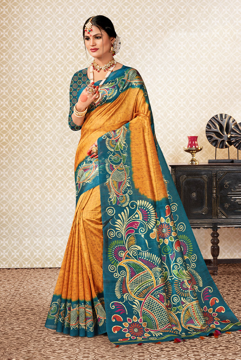 Zircon Blue & Majestic Gold Dupian Digital Batik Print Fabric Saree